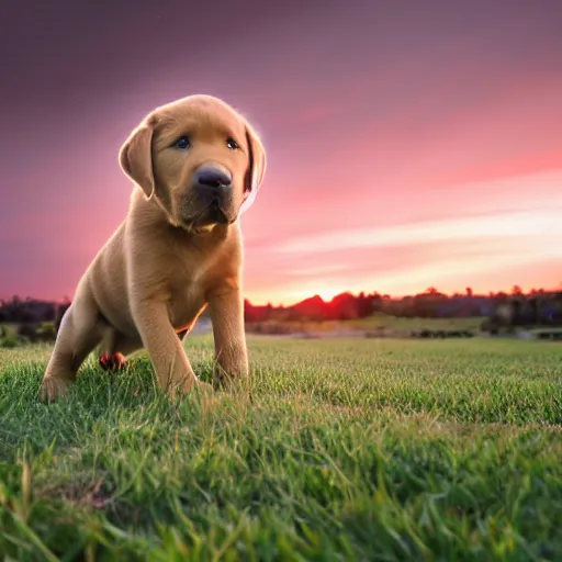 Prompt: Labrador puppy, sort focus, photorealistic, mico details, sunset, grassy hill