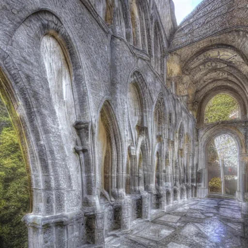Prompt: abbey courtyard made out of glistening see-through marble hanging off the edge of a cliff, digital art