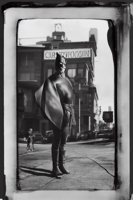Prompt: collodion photo of superheroes in san francisco