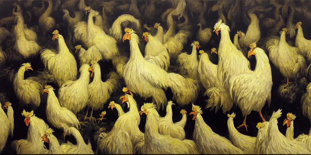 Prompt: painting of a million white roosters and a million yellow roosters, by karl wilhelm de hamilton, detailed, realism