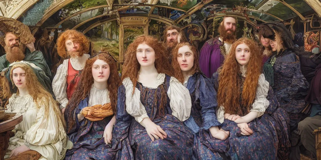 Image similar to detailed colour preraphaelite photograph group portrait of amazingly characterful people sat down extreme closeup, in the inside of the beautiful underwater train to atlantis, crowds of people sat down wearing weird clothes, 4 k