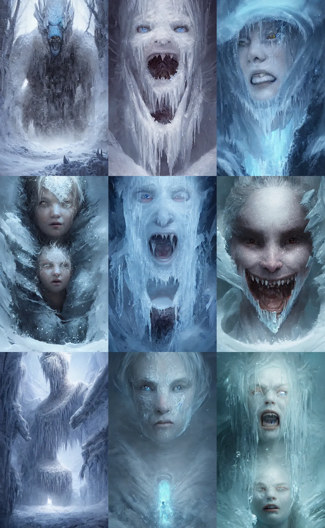 Prompt: portrait of a frozen monster creature, ice, fantasy, highly detailed, cinematic lighting, digital art painting by greg rutkowski