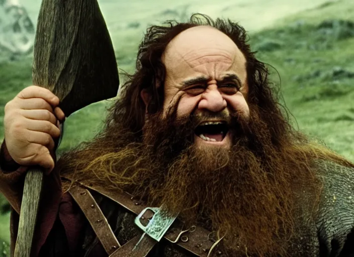 Image similar to film still of danny devito as gimli in lord of the rings movie, 8 k