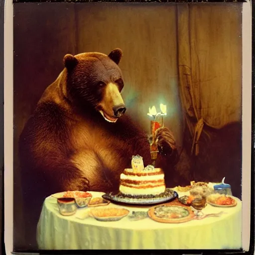 Image similar to polaroid photo of a bear eating cake at his 7 0's birthday at a zoo, highly detailed painting by gaston bussiere, craig mullins, j. c. leyendecker