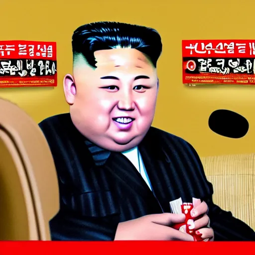 Image similar to cinematic shot of kim jong - un sitting on a couch in an apartment eating a box of cheez - its, 8 k, very intricate, very detailed,