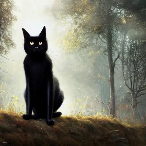 Image similar to a black cat looking curiously, there is a forest in the background, texture, intricate, details, highly detailed, greg rutkowski style, masterpiece, architecture, building, trending on artstation, focus, sharp focus, concept art, digital painting, fantasy, sunny, day, golden hour