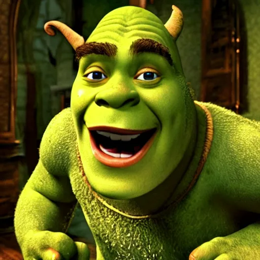 Prompt: Film still of Shrek from a horror movie
