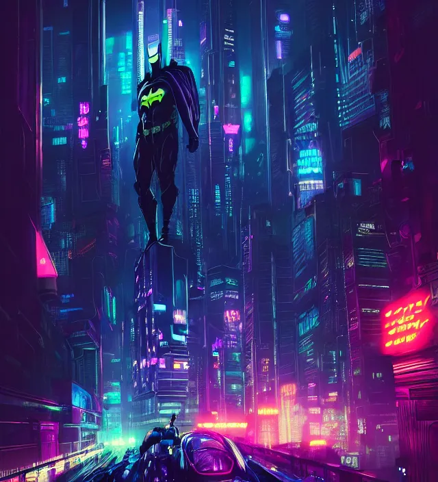 Image similar to character concept of cyberpunk - themed batman, blurry gotham city at night in the background, neon colourful lights | | cinematic rim lighting, global illumination, fine details by stanley artgerm lau, wlop, rossdraws, james jean, andrei riabovitchev, marc simonetti, and sakimichan, trending on artstation