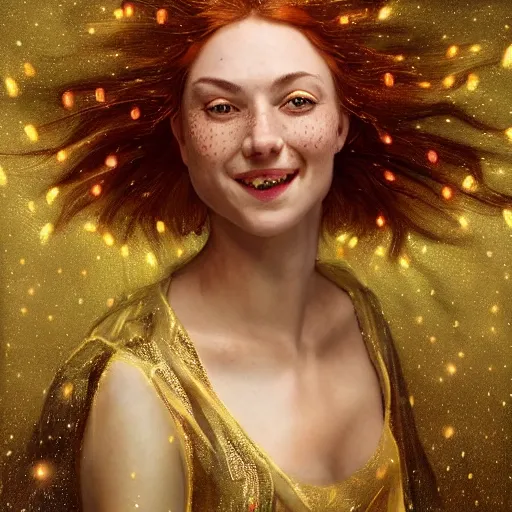 Prompt: a totally amazed smiling anastasia ivanova surrounded by golden firefly lights in a mesmerizing scene, fully covering intricate detailed bohemian outfit, red hair, precise linework, accurate green eyes, small nose with freckles, beautiful smooth oval head, expressive emotions, hyper realistic ultrafine portrait by artemisia gentileschi, jessica rossier, greg rutkowski, artgerm