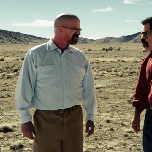 Prompt: walter white with pablo escobar talking about blue sky meth ( cinematic still frame shot, great detailed, good quality, greatly illustrated, uhd, studio lighting, 8 k, photo - realistic, hyperrealistic )
