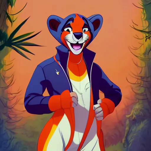 Prompt: don bluth, loish, artgerm, joshua middleton, anthropomorphic cheetah, wearing a track suit, smiling, symmetrical eyes, symmetrical face, colorful animation forest background