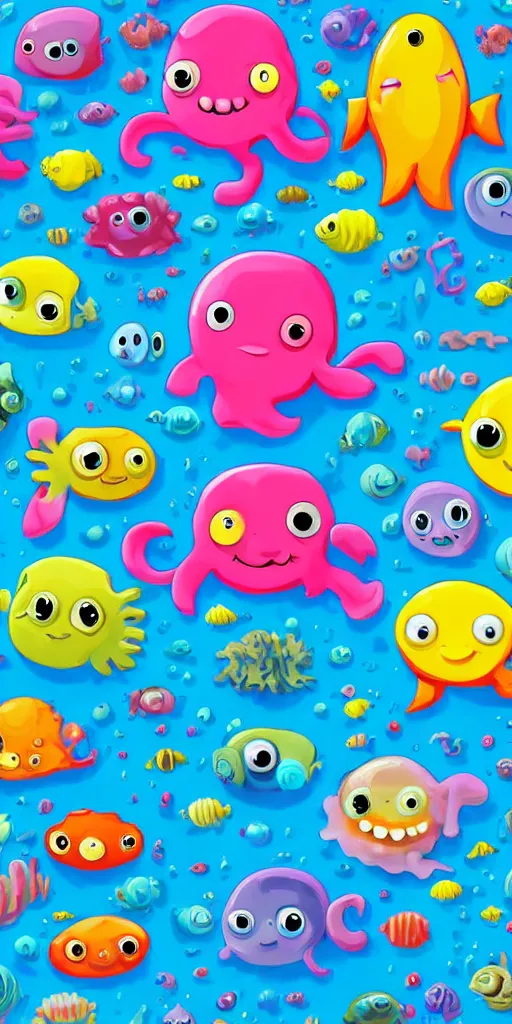 Image similar to colorful cloudy deep sea under water with strange cute friendly happy creatures with huge eyes, mouth, long tongue and round teeth appearing from sandy coral