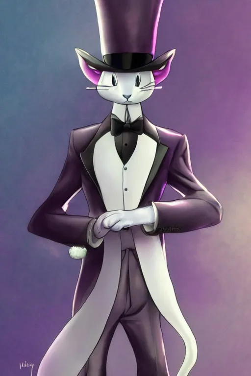 Image similar to mewtwo furry wearing a top hat and suit, highly detailed, digital art, sharp focus, ambient glow, trending on art station, anime art style