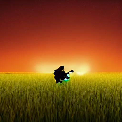 Prompt: a silhouette of a man playing guitar in a field of grass, at midnight, cinematic shot, cinematic lighting, 8k, nvidia raytracing demo, glow