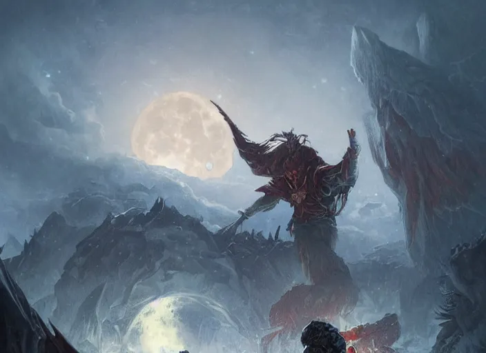 Image similar to giant asgard demon attacking an encampment during a blizzard, highly detailed, digital illustration, artstation, concept art, matte, sharp focus, illustration, dramatic, full moon, art by artgerm and greg rutkowski and alphonse mucha