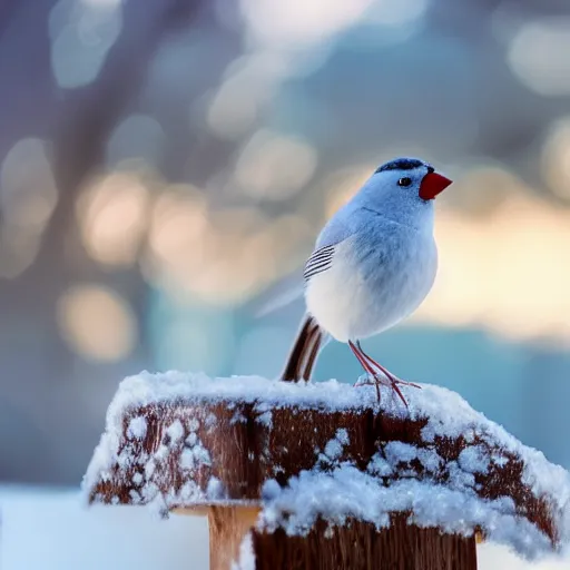 Prompt: a snow white frosty sparrow standing on the desk, miyazaki style, studio ghibli, color aberration, soft focus, beautiful photo, 4 k, kodak, grain, ultra realistic, museum photo