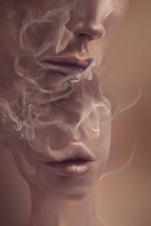 Image similar to surreal distorted detailed painting of a woman made of cloudy smoke, hyper detailed, trending on Artstation