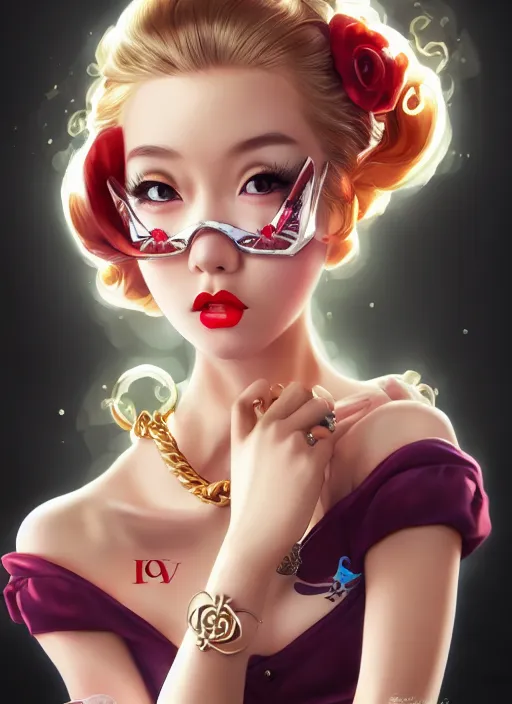 Image similar to a pin up and beautiful fashion dreamlke japan girl with lv jewelry, character art, art by artgerm, wlop, loish, hyperdetailed, 8 k realistic, symmetrical, global illumination, radiant light, frostbite 3 engine, cryengine, dof, trending on artstation, digital art, chanel, dior, detailed background