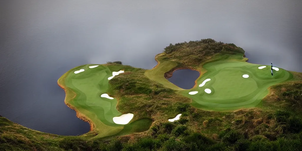 Image similar to a great photograph of the most amazing golf hole in the world, surrounded by water, giant octopus, ambient light, golf digest, top 1 0 0, fog