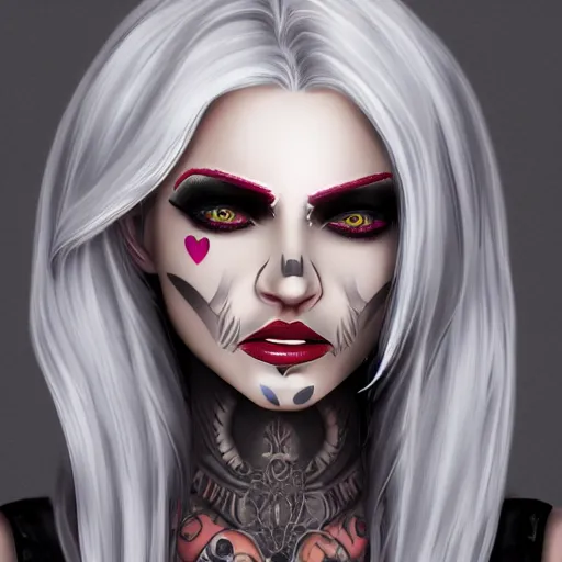 Prompt: Hot young woman, winking, grey skinned, void eyeballs, white hair, tattoos, wearing leather and a white blouse, digital art, concept art, ultra detailed, 4k, 8k