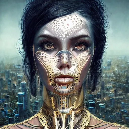 Image similar to Ultrarealist aesthetic, detailed face illustration of a very beautiful dollpunk wearing Abstract tech bodysuit, in front of a ruined city, focus, realistic eyes, symmetric body features proportions, golden ratio, ultra intricate details, award winning, unreal render, by Tom Bagshaw