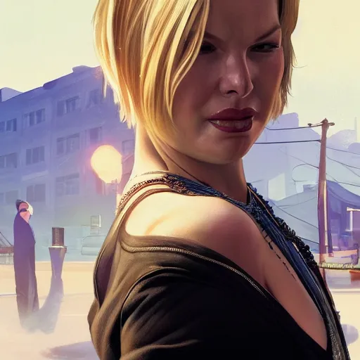 Image similar to Katherine Heigl with blonde hair as a lowlife thug as a grand theft auto 5 loading screen, close shot, gorgeous, beautiful, intricate, highly detailed, digital painting, artstation, oppressive lighting, concept art, sharp focus, illustration, art by greg rutkowski and alphonse mucha