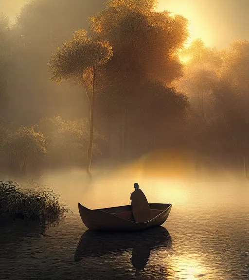 Prompt: three crows in a little boat in a swamp, volumetric lighting, fog, majestic light, octane render, ethereal glare of the sun, hyperrealistic, epic, masterpiece, by greg rutkowski