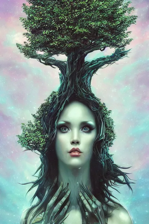 Image similar to portrait of an elegant alien tree woman queen, straight on portrait, by artgerm, tom bagshaw, gerald brom, vaporwave colors, lo - fi colors, vaporwave, lo - fi, moody vibe, goth vibe, 4 k, hd,