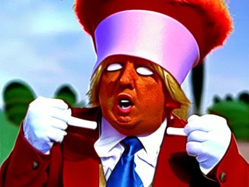 Image similar to donald trump as an oompa loompa, still from film willy wonka and the chocolate factory 1 9 7 1