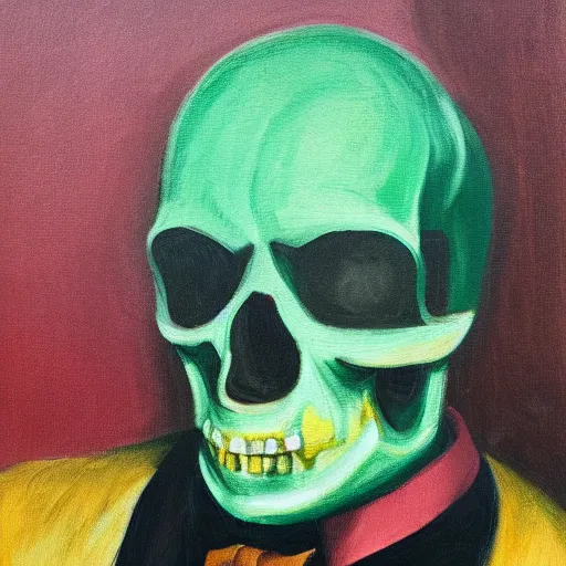 Prompt: a portrait painting of a man with a skull as his head, man is wearing a suit, the skull is green, in the style of edward hopper, 4 k,