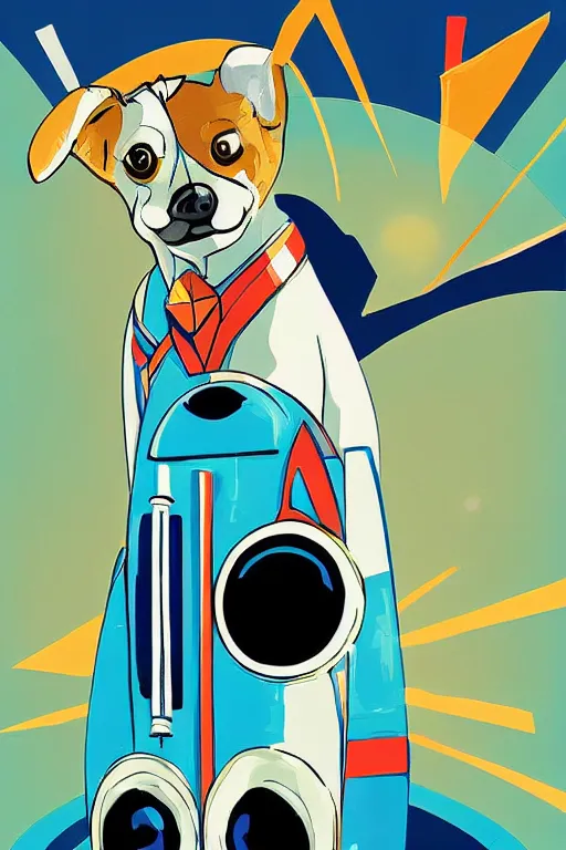 Prompt: digital painting of rocket on launchpad. Art deco style.