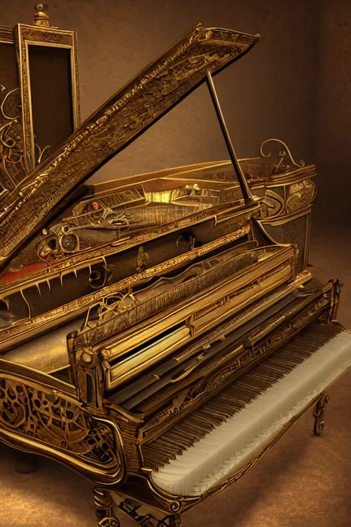 Image similar to Tonemapped Steampunk harpsichord, Artstation, photorealistic