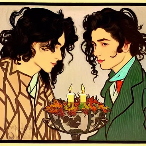 Image similar to painting of young cute handsome beautiful dark medium wavy hair man in his 2 0 s named shadow taehyung and cute handsome beautiful min - jun together at the halloween! party, bubbling cauldron!, candles!, smoke, autumn! colors, elegant, wearing suits!, delicate facial features, art by alphonse mucha, vincent van gogh, egon schiele