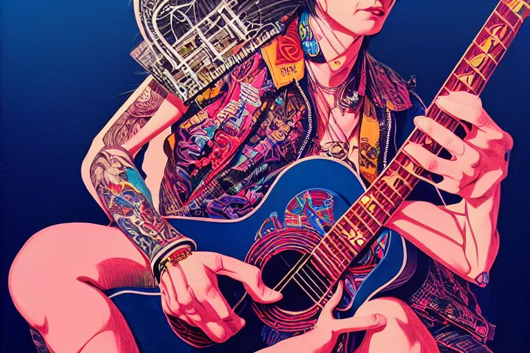 Image similar to 1 9 8 0 s punk rocker playing acoustic guitar, tristan eaton, victo ngai, artgerm, rhads, ross draws, intricated details, 3 / 4 view, full body portrait