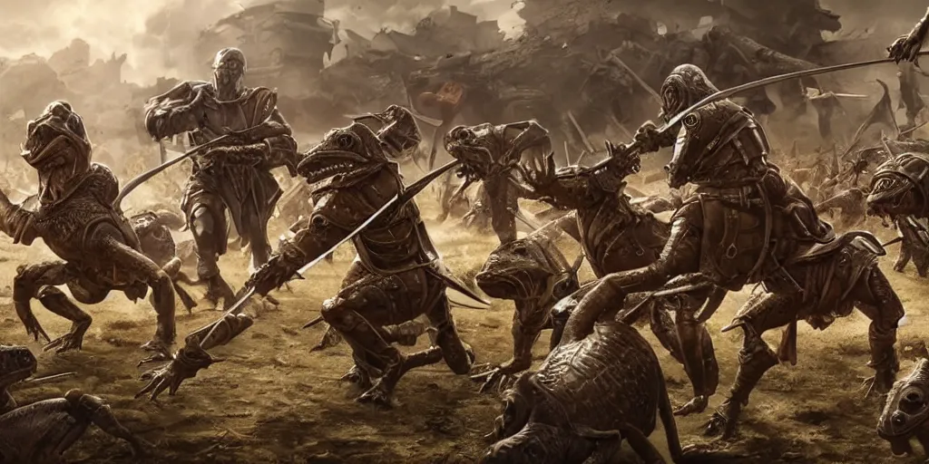 Image similar to an expansive battlefield scene showing a battle between bipedal medieval armored frogs and bipedal rat men with swords, extremely detailed, 8k resolution, in gladiator, cinematic, art by artgerm