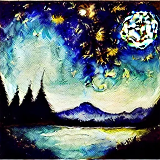 Image similar to a variety of sparkly landscapes at night with stars and a full moon, by bob ross, by leonardo davinci, watercolor, wet on wet, on canvas, starry night