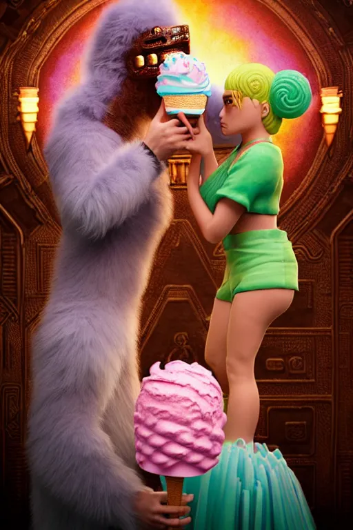 Image similar to high quality 3 d render hyperrealist very cute pastel fluffy! aztec warrior & quetzalcoatl eating giant ice cream, vray smooth, in the style of watchmen, hannah yata, very dramatic light, low angle, uhd 8 k, shallow depth of field