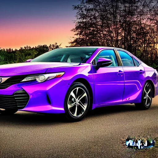 Prompt: purple tornado, blue toyota camry driving away, sunset, 4k, realism, photograph