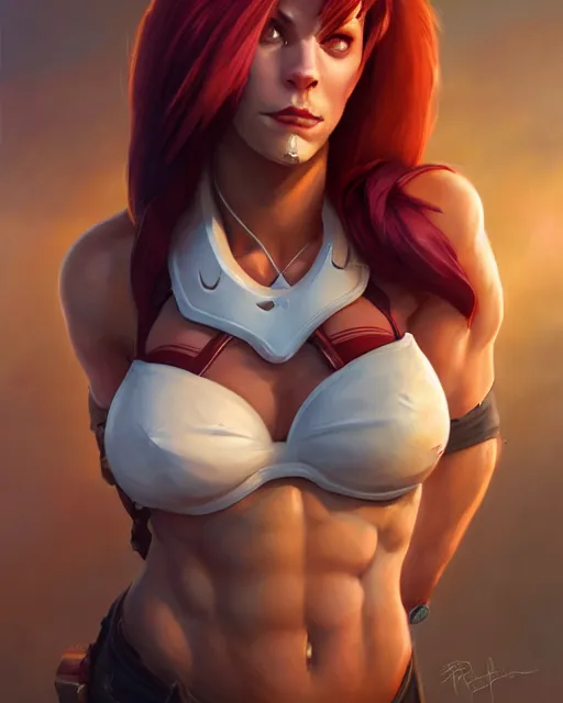 Image similar to brigitte from overwatch wearing white halter top, perfect face, maroon hair, abs, cinematic, freckles, stunning, athletic, strong, agile, highly detailed, psychedelic, digital painting, artstation, smooth, hard focus, illustration, art by jessica rossier and and brian froud