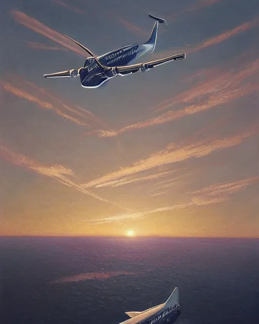 Image similar to a highly detailed epic cinematic concept art CG render digital painting artwork: Horizon Air Q400 Airplane flying over the lake into sunset, golden hour. By Greg Rutkowski, in the style of Francis Bacon and Syd Mead and Norman Rockwell and Beksinski, open ceiling, highly detailed, painted by Francis Bacon and Edward Hopper, painted by James Gilleard, surrealism, airbrush, Ilya Kuvshinov, WLOP, Stanley Artgerm, very coherent, triadic color scheme, art by Takato Yamamoto and James Jean