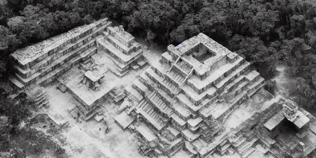 Prompt: bird's eye view photograph of a highrise mayan arqueology, chichen itza, tenochtitlan, pond, wide roads, no watermarks, extremely detailed photography