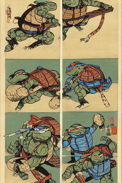 Image similar to Four Teenage Mutant Ninja Turtles, Japanese ukiyo-e ukiyo-ye woodblock print, by Moronobu