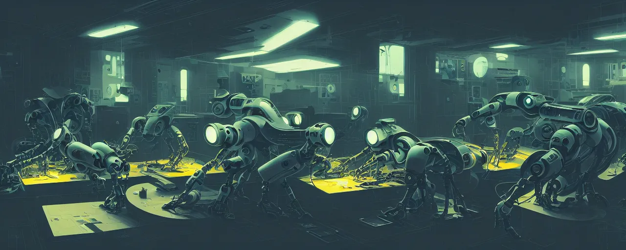 Prompt: duotone dark scifi illustration 3 / 4 portrait of few robots assembling elements of computer parts in labolatory. cinematic lighting mad scientist style. golden ratio accidental renaissance. by sachin teng and sergey kolesov and ruan jia and heng z. graffiti art, scifi, fantasy, hyper detailed. octane render. concept art. trending on artstation