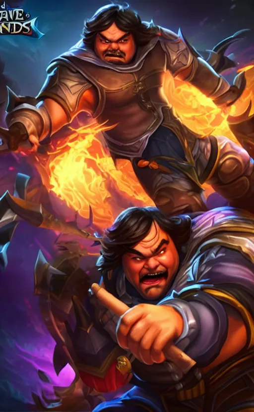 Image similar to Jack Black as a character in the game League of Legends, with a background based on the game League of Legends, detailed face, old 3d graphics