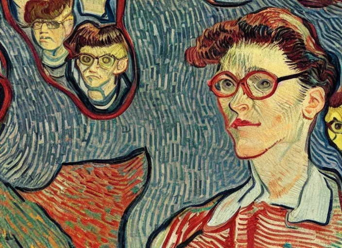 Prompt: cinematic mid shot of a high detail, woman's face looking off camera, with round glasses. where's wally, line drawing by van gogh