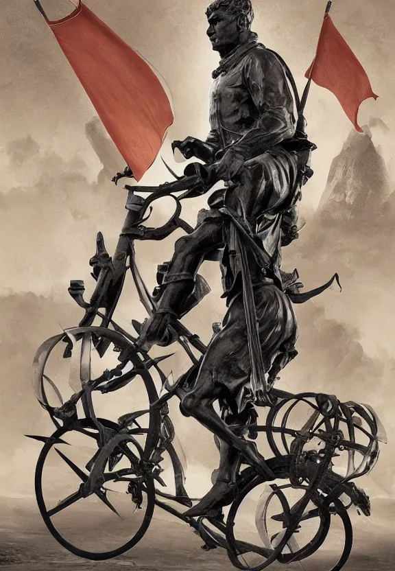 Image similar to [A sculpture of St.Georges on a bike. Soviet!!!! Propaganda!!!! poster!!!!!!!!!!, promotional poster, advertising, composition, graphic design, elegant, highly detailed, digital painting, artstation, concept art, matte, sharp focus, illustration, octane render, unreal engine, photography]