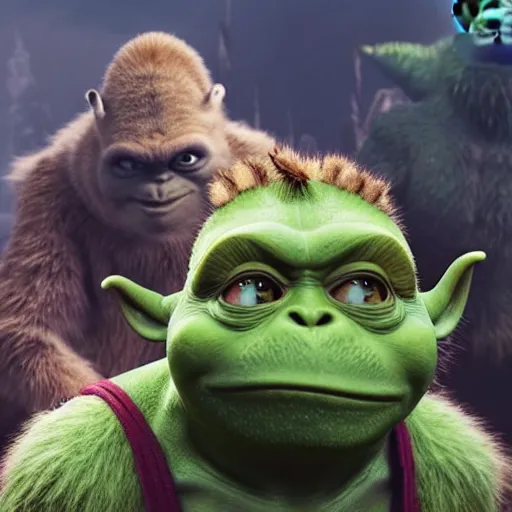 Image similar to emma watson godzilla yoda donkey kong pikachu yeti shrek spongebob homer groot, highly detailed, extremely high quality, hd, 4 k, 8 k, professional photographer, 4 0 mp, lifelike, top - rated, award winning, realistic, detailed lighting, detailed shadows, sharp, no blur, edited, corrected, trending