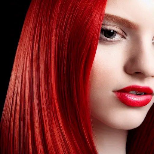 Prompt: Portrait of a young, stunningly beautiful woman with red straight hair on the right half of her head and white straight hair on the left half of her head, award-winning photo, 4k, 8k, studio lighting, Nikon D6, 35mm