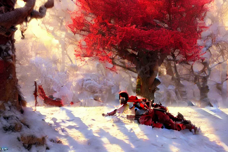 Image similar to winter, a male warrior relaxing under a huge tree with red flowers, sun shining on him, god ray, ground covered with snow, fantasy, painting by gaston bussiere, craig mullins, j. c. leyendecker, trending on artstation