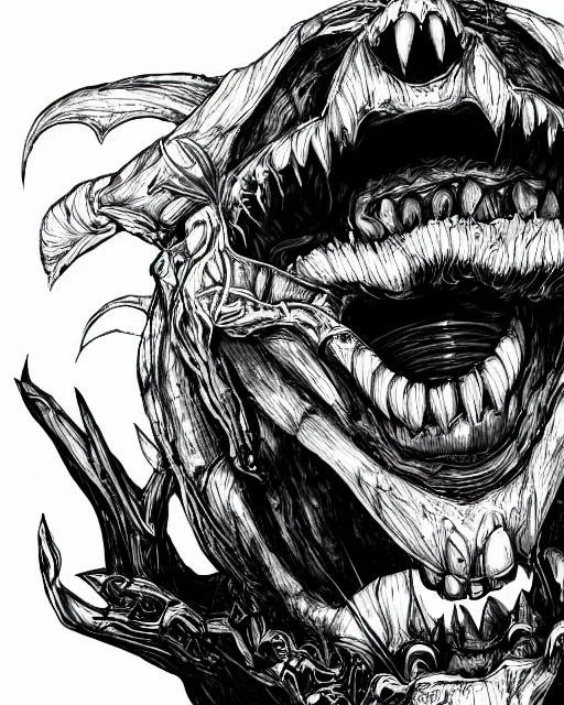 Image similar to A crate with tongue and tooth, terrifying, black and white, fantasy art, monster art, in the style of masami kurumada, illustration, epic, fantasy, intricate, hyper detailed, artstation, concept art, smooth, sharp focus, ray tracing